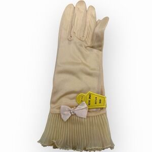 Beaded Stretch Nylon Women's Gloves Ivory Beaded Bow Ruffle  Vtg New Old Stock